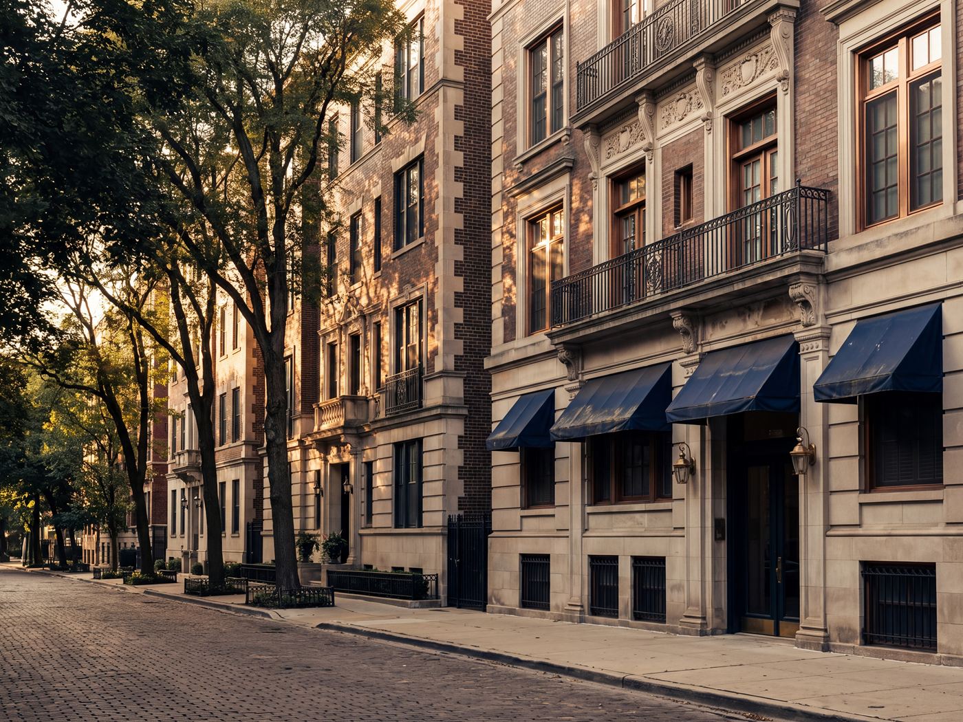 A row of restored Chicago greystone apartment buildings along a tree-lined street.