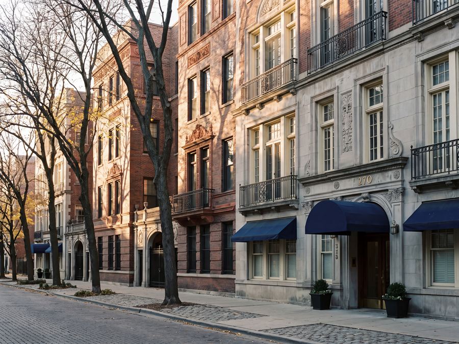 A Chicago street of limestone apartment buildings with navy awnings on a clear day.
