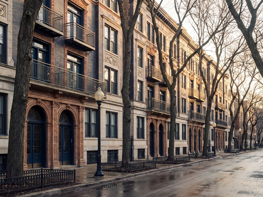 Rain-slicked pavement beside a row of brick and brownstone apartment buildings.